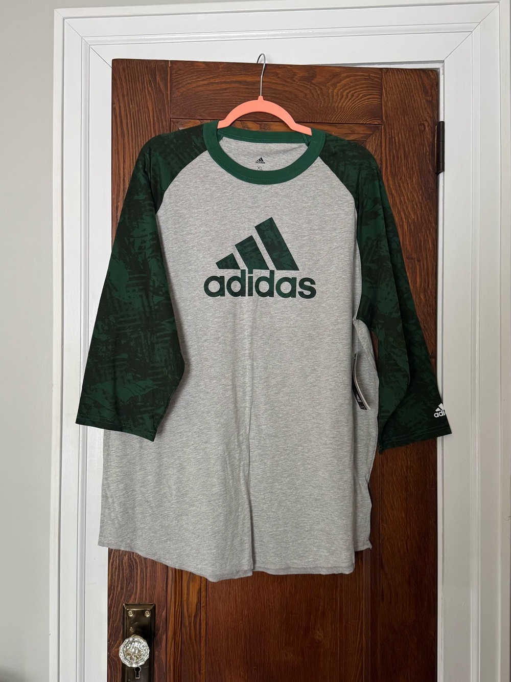 NWT adidas Heather Gray Baseball Tee with Dark Green Trim XL